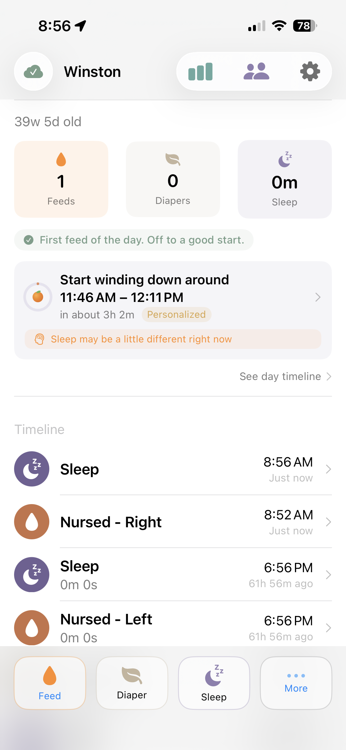 Home timeline — daily summary, event list, quick-log bar