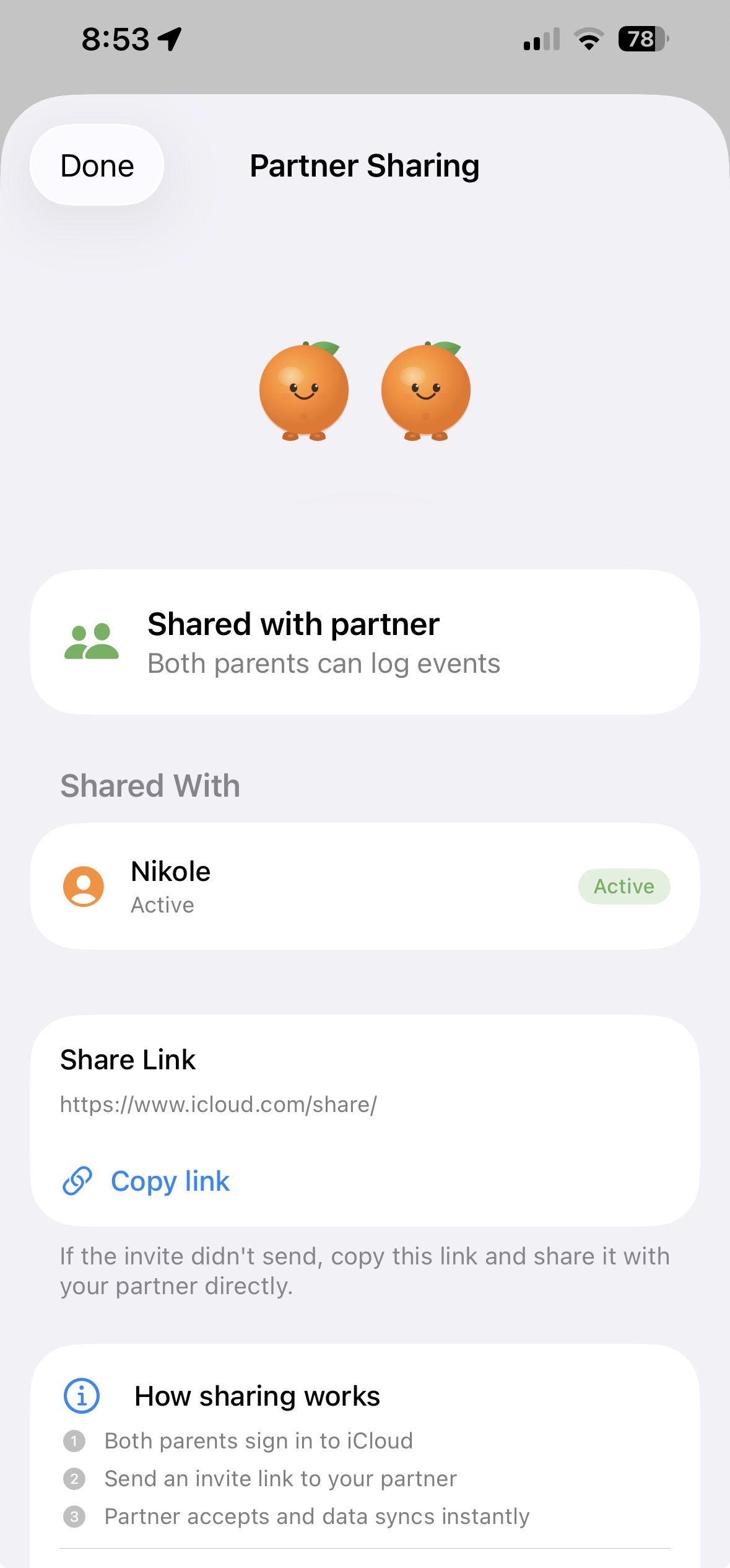 Partner sharing — two mascots, shared with partner, Nikole active