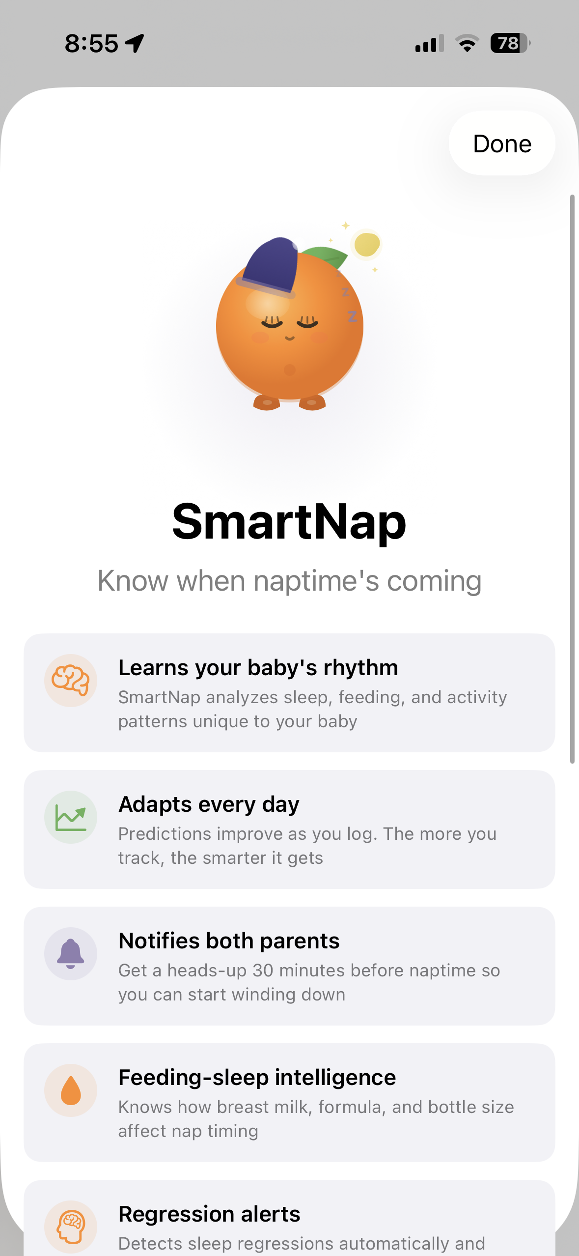 SmartNap — sleeping mascot, feature cards